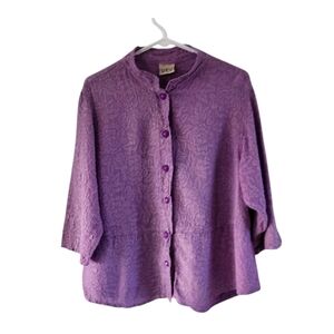 URU 100% Silk Lilac Textured Floral Embossed Button Down collard Blouse OS